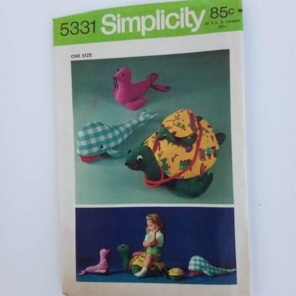 Vintage Simplicity Sewing Pattern 5331 Kid's Stuffed Turtle Seal Whale 70s Uncut - Picture 1 of 3